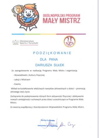 Podziękowanie dla p. Dariusza Sułka
