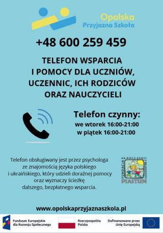 Telefon wsparcia dla uczniów, ich rodziców oraz nauczycieli